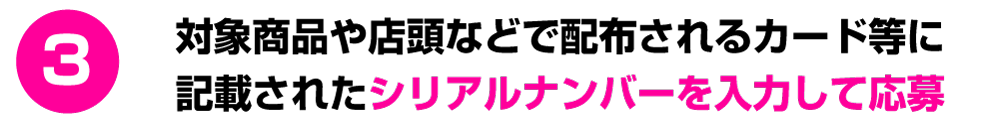 対象商品や店頭などで配布されるカード等に記載されたシリアルナンバーを入力して応募